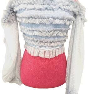 Lace & Bead Periwinkle Sheer Puff Sleeve Smocked Lace Crop Top womans